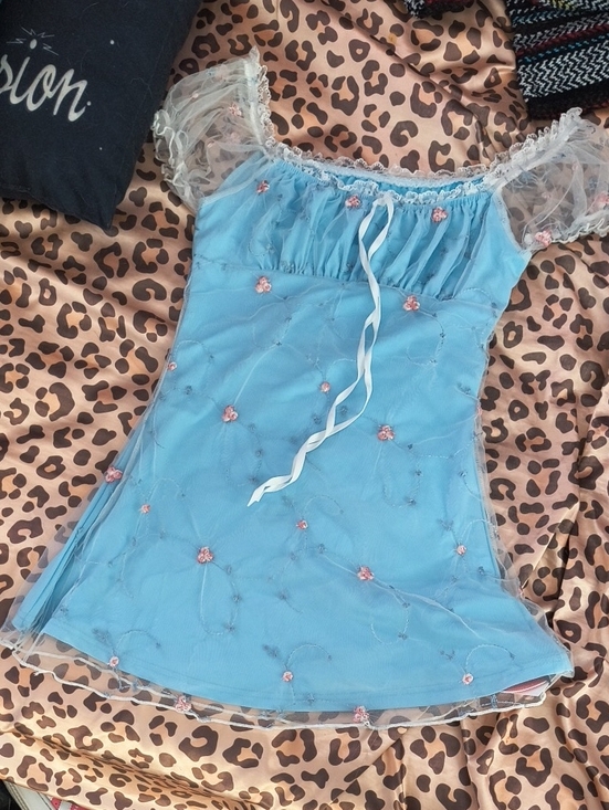 Cider Dresses & Skirts - cider light blue dress w/ pink floral overlay